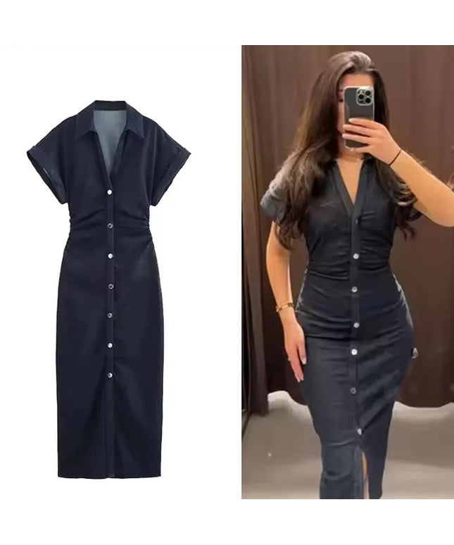 Denim Dress Women's Spring Summer Casual Long Dresses For Women 2025 New Fashion Ruched Short Sleeve Streetwear Midi Dress