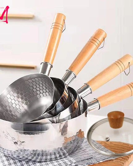 Stainless Steel Saucepan with Lid Solid wood handle with hook Multipurpose Sauce Pan with Pour Spouts, Sauce Pot, Cooking Pot