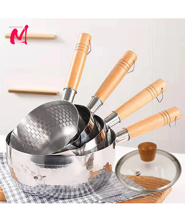 Stainless Steel Saucepan with Lid Solid wood handle with hook Multipurpose Sauce Pan with Pour Spouts, Sauce Pot, Cooking Pot