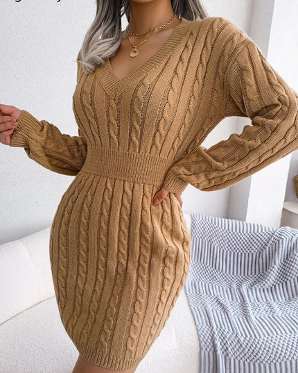 VigoCasey 2025 V Neck Casual Short Knit Dress Autumn Winter Women Solid Long Sleeve Dress Lady Khaki Bodycon Knitted Dresses