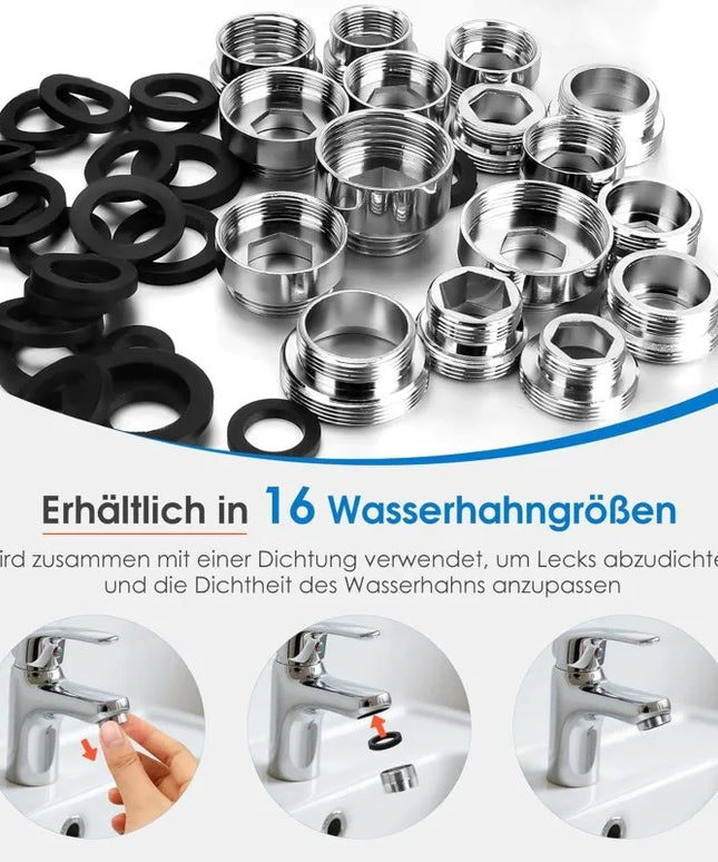 【16 Pcs Adapters + 32 Seals】Universal Faucet Adapter Set, Thread Converter for Kitchen Bathroom Sink Nozzle Accessories