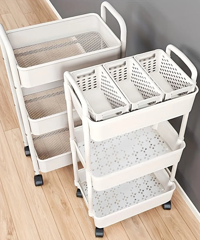 Versatile Multi-Tier Storage Cart - White Plastic, Perfect for Kitchen, Bathroom & Bedroom Organization