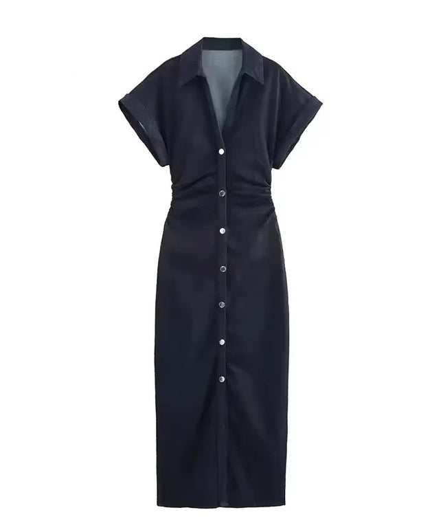 Denim Dress Women's Spring Summer Casual Long Dresses For Women 2025 New Fashion Ruched Short Sleeve Streetwear Midi Dress