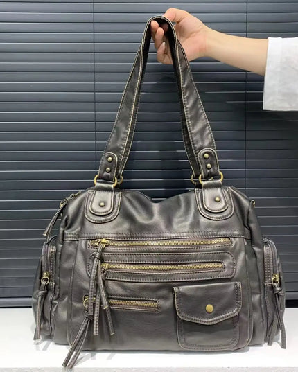 Y2K Hot Girl Single Shoulder Crossbody Bag Vintage Washed Leather Motorcycle Bag Large Capacity Multi Pocket Bag