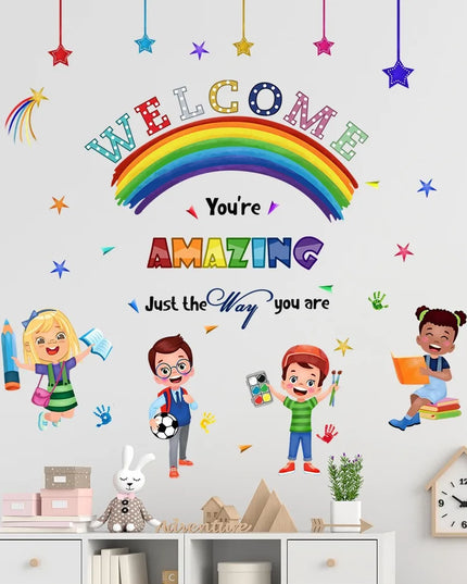 Cartoon Welcome Inspirational Phrases Wall Stickers Detachable Children's Tenant Hall Nursery Decoration Wall Stickers