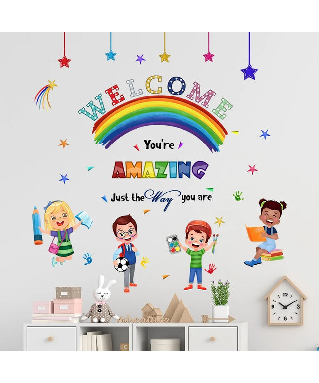 Cartoon Welcome Inspirational Phrases Wall Stickers Detachable Children's Tenant Hall Nursery Decoration Wall Stickers
