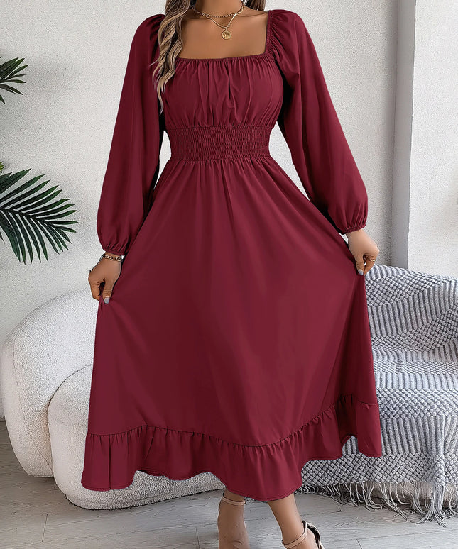Spring Summer Elegant High Waist Square Neck Long Sleeve Ruffled Edge Long Dresses for Bridesmaids Red Blue Khaki Women Dresses