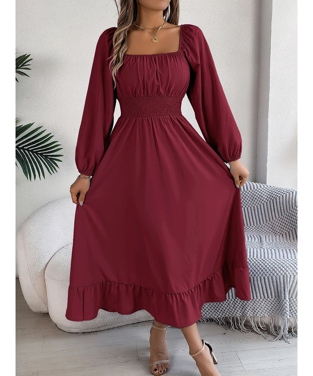 Spring Summer Elegant High Waist Square Neck Long Sleeve Ruffled Edge Long Dresses for Bridesmaids Red Blue Khaki Women Dresses