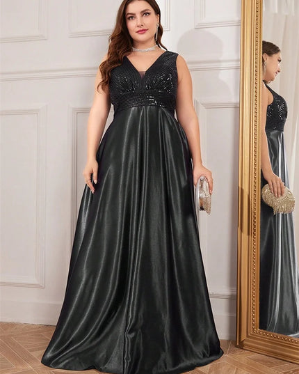 Plus Size Elegant Sequins Evening Dress For Women 2025 Deep V-neck Satin Prom Party Dress Floor Length Formal Bridesmaid Gowns