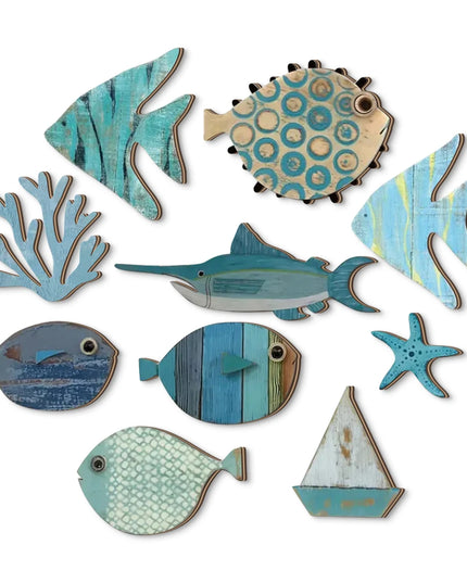 Handcrafted Wooden Ocean Wall Decor - Fish, Coral, Starfish & Sailboat Set for Home/Bathroom, Coastal Style Art