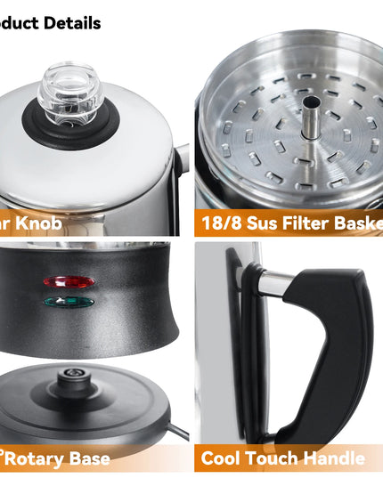 Electric Coffee Percolator 1.8L 12 Cup Stainless Steel Pot Urn Kettle Keep Warm Reusable Filter Basket Home Office Coffee Maker