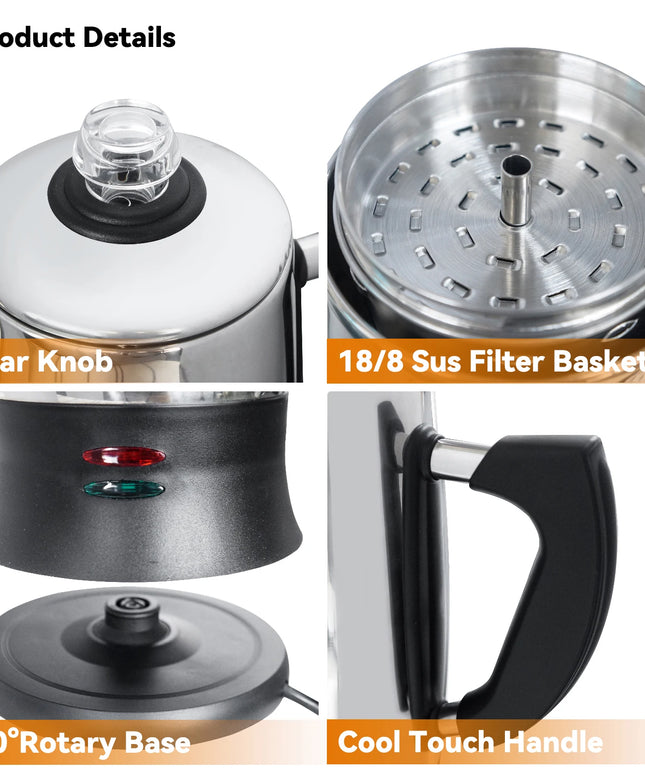 Electric Coffee Percolator 1.8L 12 Cup Stainless Steel Pot Urn Kettle Keep Warm Reusable Filter Basket Home Office Coffee Maker