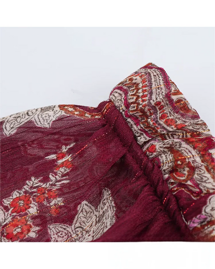 KONDALA Vintage Red Flower Print Chiffon Long Dress Long Sleeve O Neck Ruffles Loose Dress Fashion 2025 Spring Autumn Boho Dress