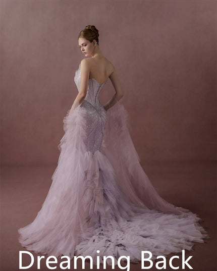Customized  Temperament  Pink Tulle Homecoming Dress Luxury Strapless Detachable Sleeve  Beading Backless  Vestido De Noche