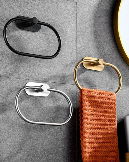 Stainless Steel Towel Holder Self-adhesive Bathroom Towels Rack Black Washhand Hanger Ring Rail Bar Kitchen Storage Accessories