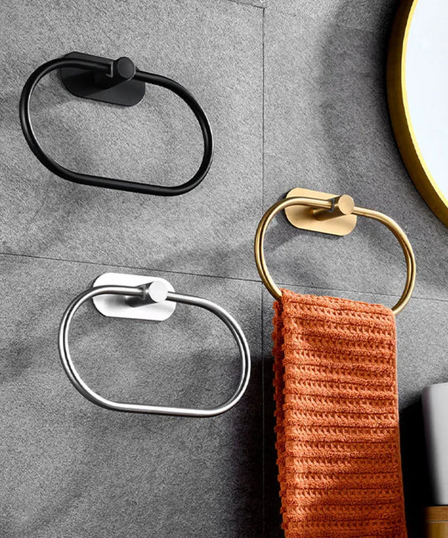 Stainless Steel Towel Holder Self-adhesive Bathroom Towels Rack Black Washhand Hanger Ring Rail Bar Kitchen Storage Accessories