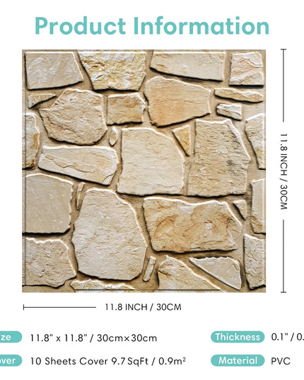 3D Tile Stickers, 3D Faux Stone Textures, Matte, 30cm x 30cm, Water and Mold Resistant, for Living Room, Kitchen Wall Update
