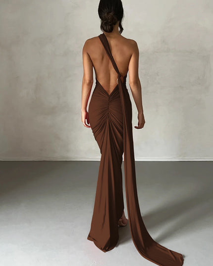 Hugcitar One Shoulder Backless Adjustable Scarf Loop Ruched Sexy Maxi Dress Women Elegant Y2K Streetwear Festival Outfit