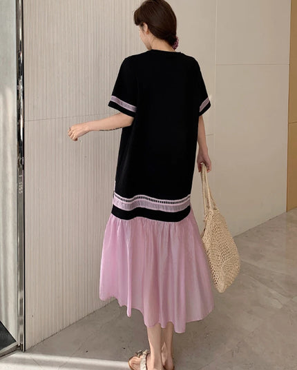 NYFS 2025 Summer Dress Loose plus Size Black Patchwork Pink Hem Long Dresses Robe Elbise Short Sleeve Korean Style Woman Dress