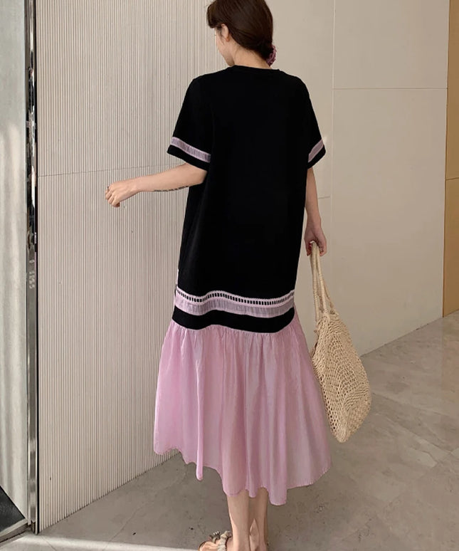 NYFS 2025 Summer Dress Loose plus Size Black Patchwork Pink Hem Long Dresses Robe Elbise Short Sleeve Korean Style Woman Dress