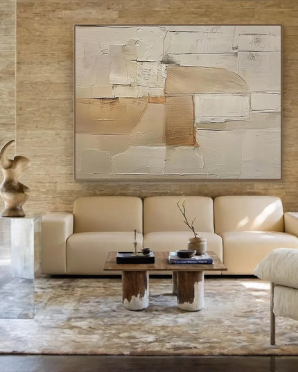 3D Beige Large Canvas Abstract Handmade Oil Painting Brown Simple Wall Art Textured Geometric Art Wall Decor Living Room Decor