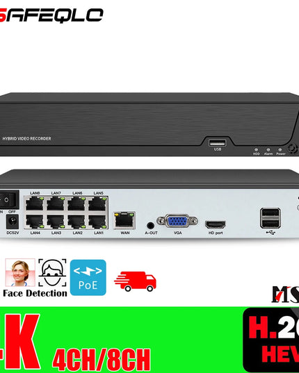 Face detection H.265 8ch*4K 4ch/8ch PoE Network Video Recorder Surveillance PoE NVR 4/8Channel For HD 8MP 5MP IP Camera
