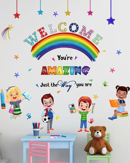 Cartoon Welcome Inspirational Phrases Wall Stickers Detachable Children's Tenant Hall Nursery Decoration Wall Stickers