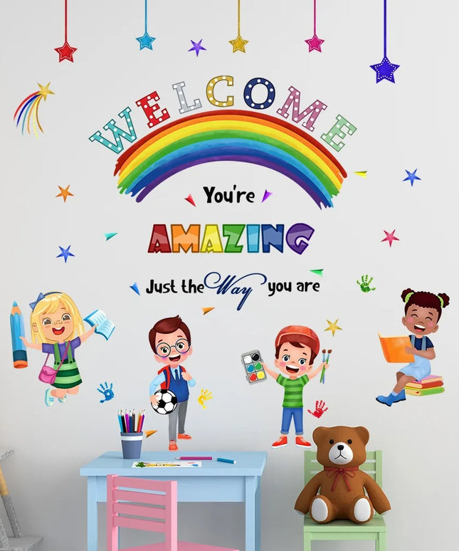 Cartoon Welcome Inspirational Phrases Wall Stickers Detachable Children's Tenant Hall Nursery Decoration Wall Stickers
