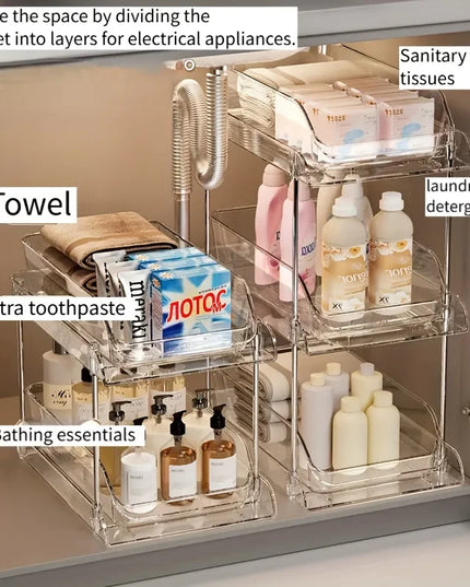 Pull-Out Under Sink Organizer with Shelf, Heavy-Duty Bathroom Storage Rack  No Tools Needed for Easy Installation, Clear Shelves