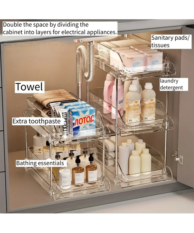 Pull-Out Under Sink Organizer with Shelf, Heavy-Duty Bathroom Storage Rack  No Tools Needed for Easy Installation, Clear Shelves