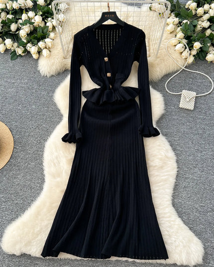 YuooMuoo Brand Fashion One Piece Maxi Dress 2025 Woman Luxury V-neck Rhinestone Slim Waist Ruffled Knitted Dress Party Vestidos