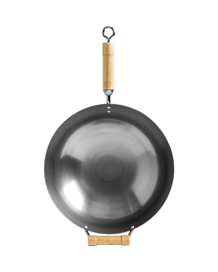 14 Inch Round Bottom Carbon Steel Wok with Birch Handles Induction Safe Non Stick Traditional Asian Cooking Essential Hand Wash