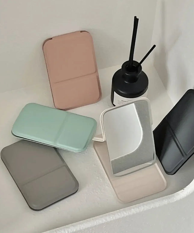 Desktop Makeup Mirror Solid Color PU Leather Simple Portable Handheld Makeup Mirror Foldable Student Compact Cute Pocket Mirror