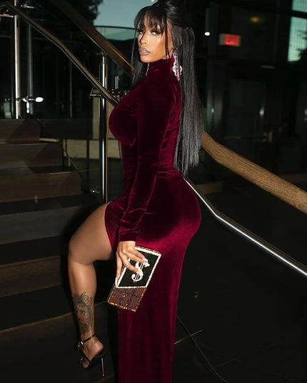 Women's autumn and winter style high-necked long-sleeved velvet dress slim pleated slit dress