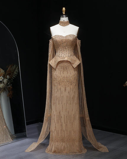 Sharon Said Luxury Grey Crystal Evening Dress with Cape Sleeves 2025 Elegant Off-Shoulder Weddin Party Gown SS558 Customized