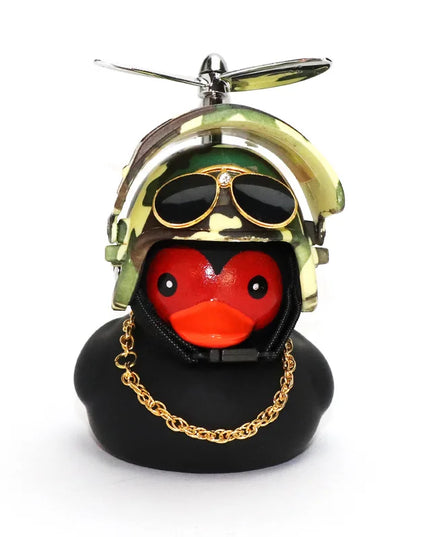 Cool Black Rubber Duck Toy Bike Car Ornaments Dashboard Decorations Squeeze Duck Bicycle Horns with Propeller Helmet for Kids