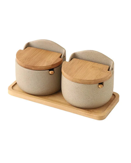 Japanese Style Ceramic Seasoning Jar Bamboo lid Spice jar With Spoon Kitchen Sugar Salt Spices Storage Box Household Container