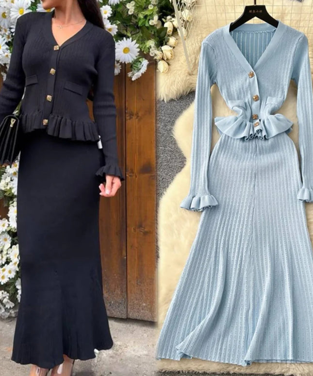 YuooMuoo Brand Fashion One Piece Maxi Dress 2025 Woman Luxury V-neck Rhinestone Slim Waist Ruffled Knitted Dress Party Vestidos