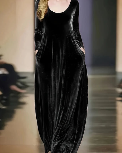 Plus-size European and American cross-border autumn and winter solid color casual elegant pocket velvet long dress