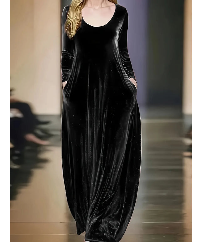 Plus-size European and American cross-border autumn and winter solid color casual elegant pocket velvet long dress