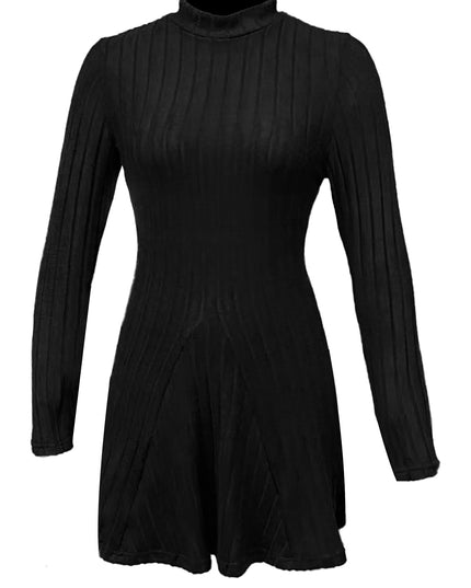Women's slim fit half high collar waist cinched A-line skirt long sleeved pit stripe dress