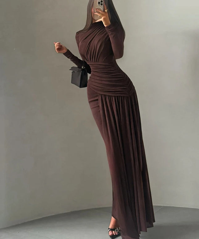 Sisterlinda Folds Maxi Dress Women o-Neck Full Sleeve Solid Banquet Elegant Vacation Fashion Autumn Skinny Casual Simple Vestido