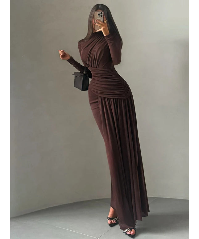 Sisterlinda Folds Maxi Dress Women o-Neck Full Sleeve Solid Banquet Elegant Vacation Fashion Autumn Skinny Casual Simple Vestido