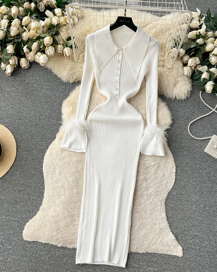 YuooMuoo Women Dress 2025 Autumn Winter Elegant Fur Long Sleeve Knitted Sweater Dress Chic Lady Wrap Hips Bodycon Long Vestidos