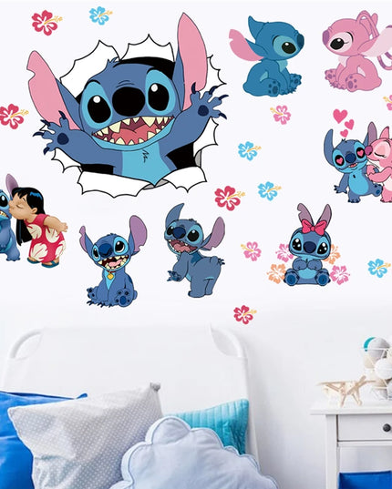 3D Broken Wall Lilo & Stitch Wall Stickers For Kid's Room Kindergarten Living Room Bedroom Wall Decoration Animated Poster