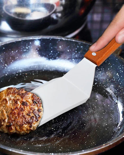 Stainless Steel Square Head Steak Cooking Spatula Wood Handle Pizza Shovel Pancake Beef Turner Scraper BBQ Utensils For Kitchen
