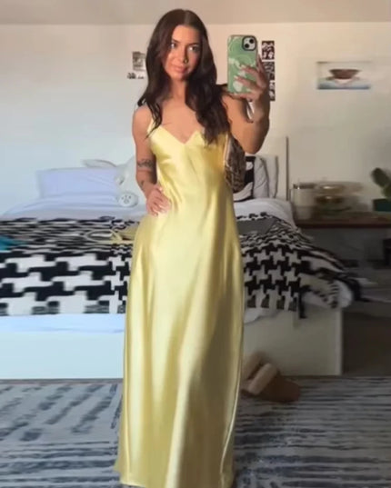 HH Women Summer Yellow Stain V Neck Sling Dress Elegant Sleeveless Loose Maxi Robes 2025 New Ladies Party Holiday Dresses
