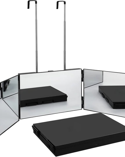 S Travel Portable 360 Trifold Vanity Makeup Mirror with Height Adjustable Telescoping Hook for Hair Self Cutting Fordable Mirror