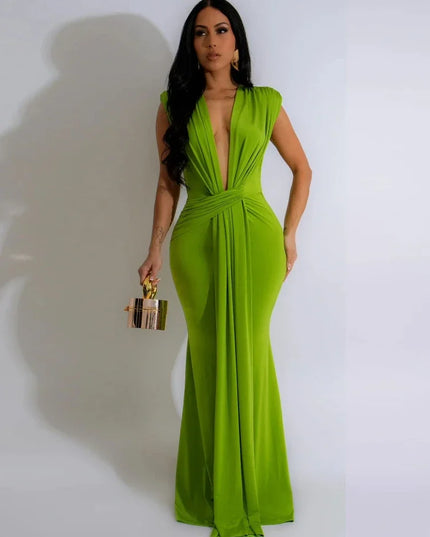 Elegant Ruched Bodycon Maxi Dresses for Women Birthday Night Party Evening Prom Deep V-neck Sheath Celebrity Formal Long Dress