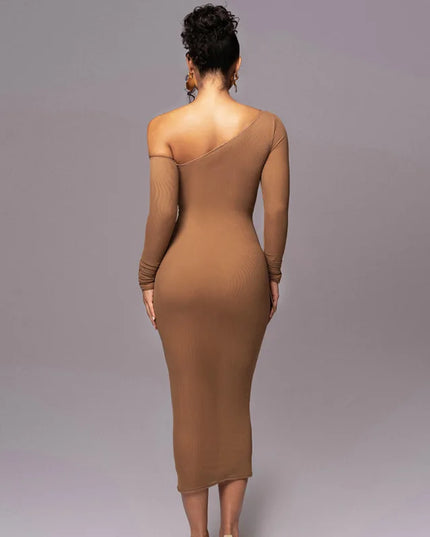 2025 Spring New Women's Long Sleeve Mesh Splicing Diagonal Shoulder Mid length Skirt Fashion Folded Dress